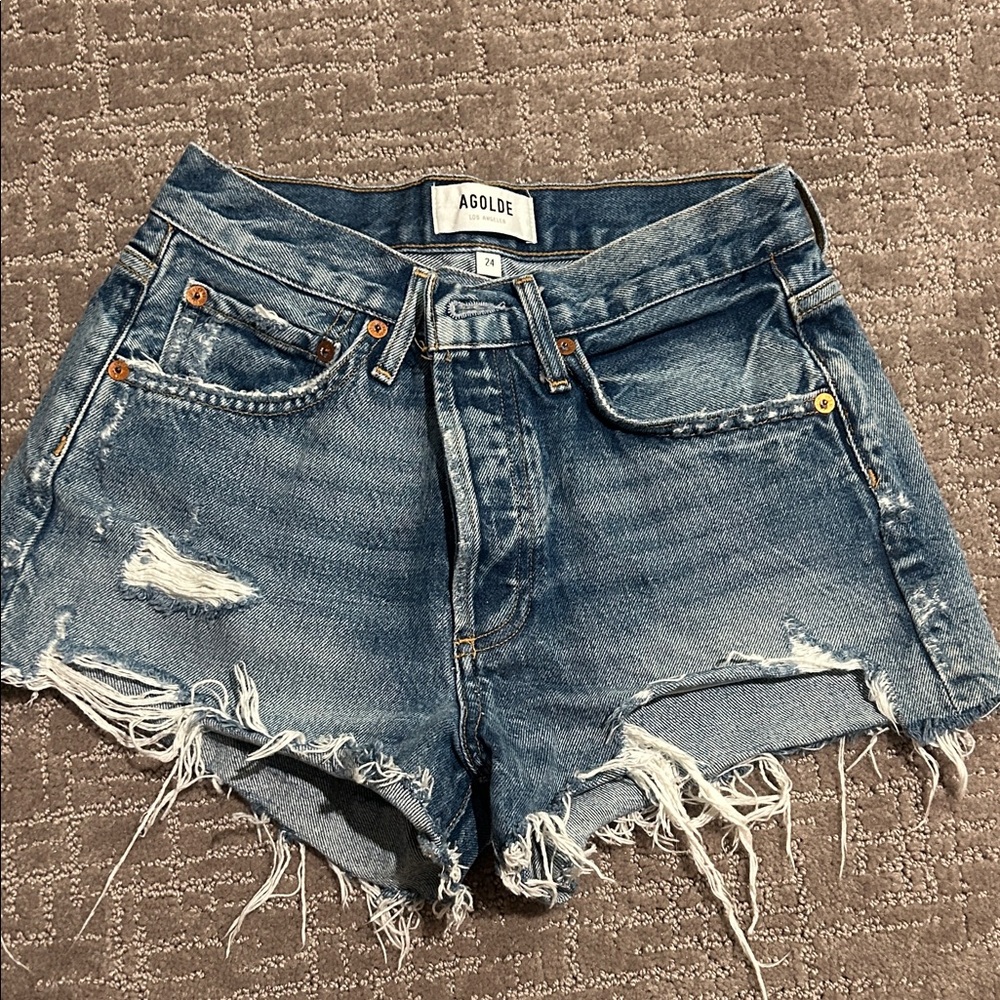 Agolde Frayed High-Rise Blue Denim Cutoff Shorts